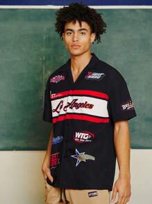 Manfinity NXTstreet Men's Color Blocked Short Sleeve Shirt With Letter Print,Back To School - Black - View 1