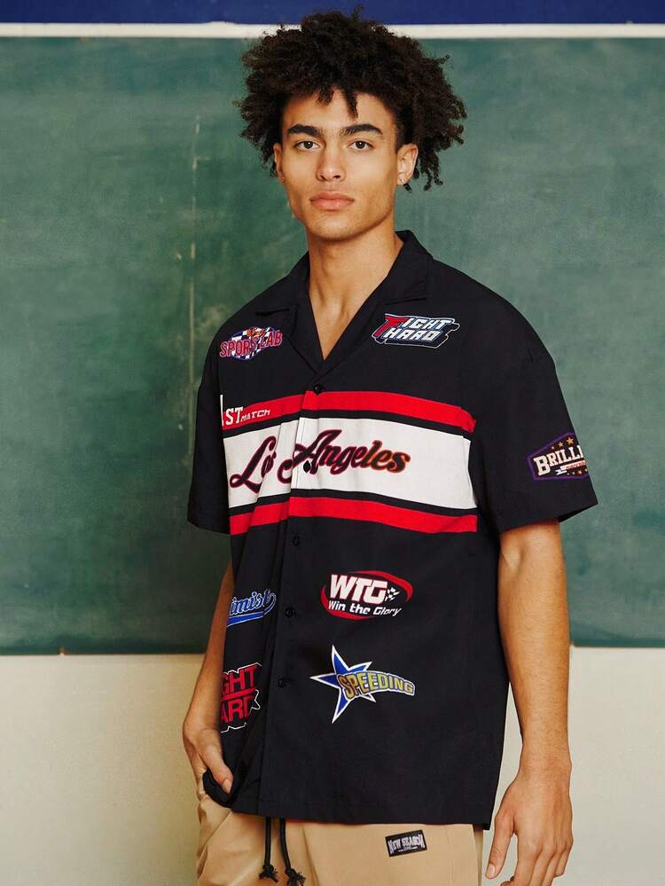 Men's Color Blocked Short Sleeve Shirt With Letter Print,Back To School