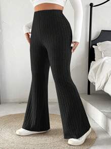 SHEIN Tall CURVE 女式加大码纯色开衩喇叭裤 - 黑色 - 查看 3