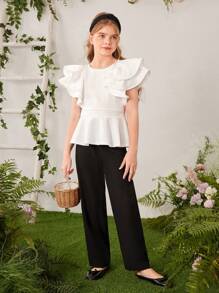 SHEIN Tween Girl Elegant And Stylish Round Neck Plain T-Shirt With Pleated Ruffle Hem Detail - White - View 5