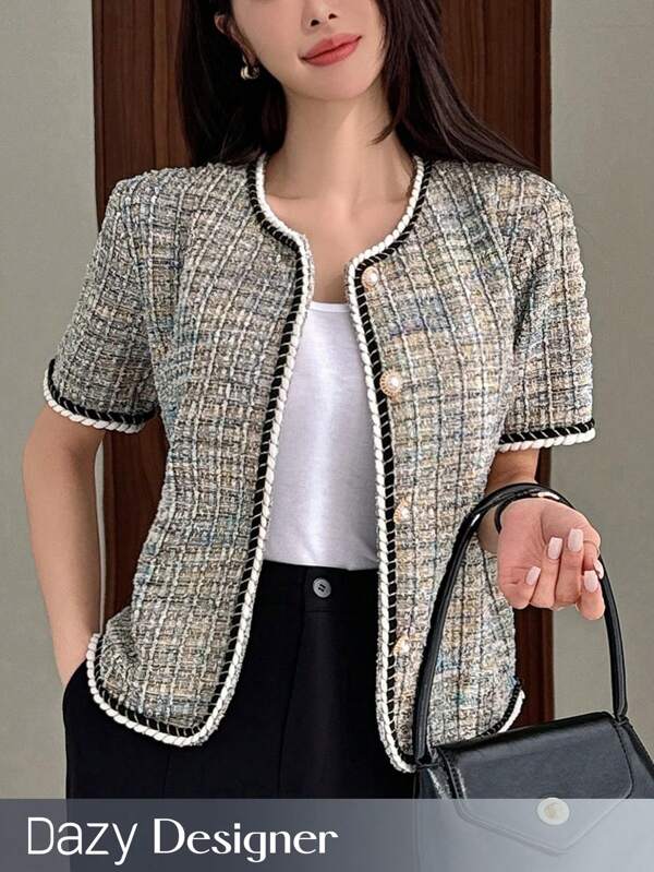 Dazy Designer Short-Sleeved Tweed Jacket Plaid