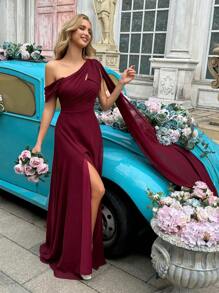 QOQ 优雅女士夏季纯色礼服晚礼服伴娘服适合伴娘婚礼宾客参加婚礼、正式活动、派对雪纺飘逸高开叉长裙 - 酒紅色 - 查看 8