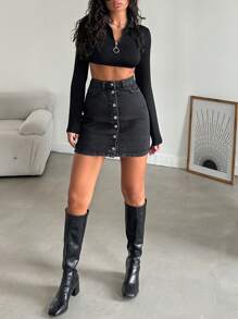 Cottnline Button Front Denim Skirt - Black and White - View 3