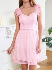 BABYONLINE D.R.E.S.S. Feather Patchwork Embroidery & Beaded Halterneck Luxury Evening Dress - Pink - View 5