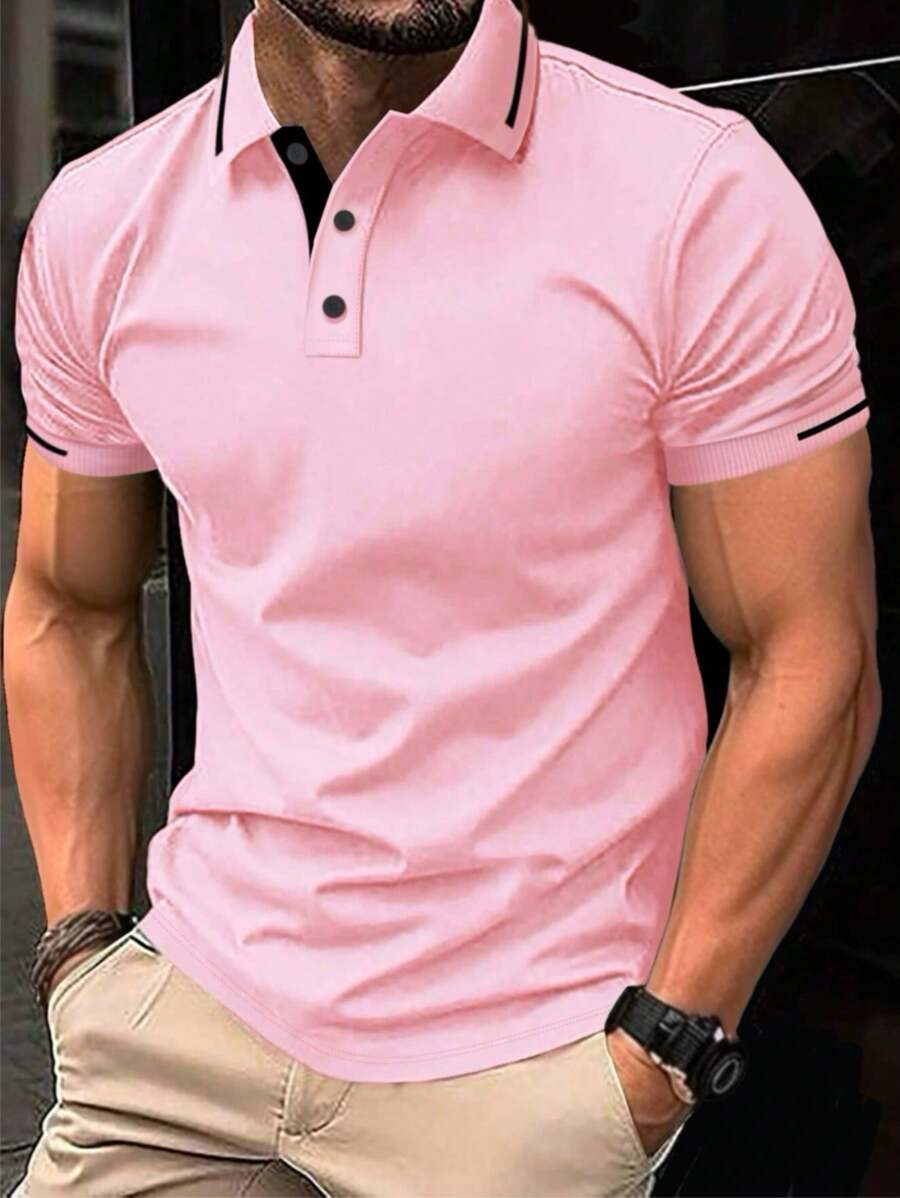 Manfinity Homme Men's Short Sleeve Polo Shirt With Color Blocking Detail - Pink - View 1