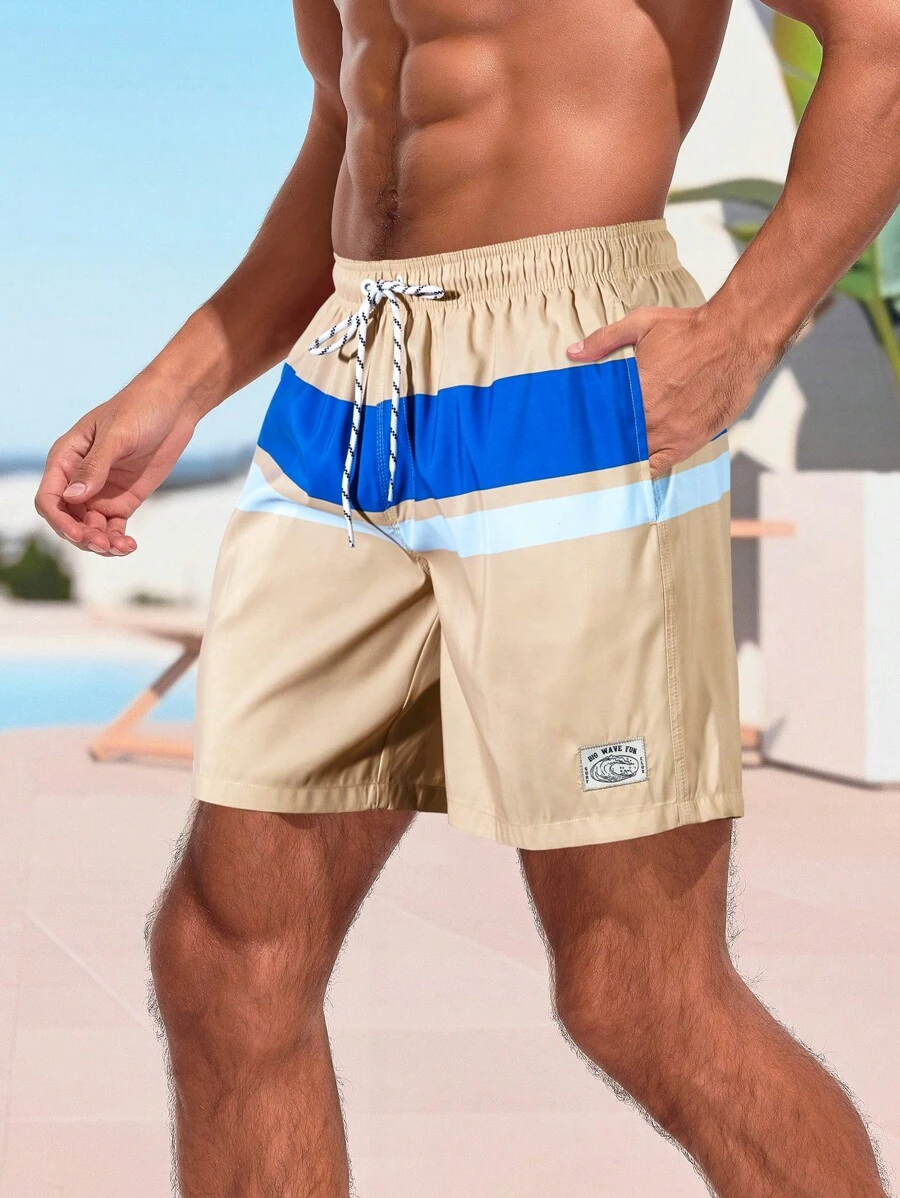 Manfinity Swimmode Bermudas De Playa Masculinas Con Cordón En Contraste Y Cintura Ajustable - Caqui - Ver 1