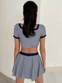 DAZY 女士甜心领口短袖几何印花无线比基尼套装，适合夏季海滩度假 - 藍色 - 查看 5