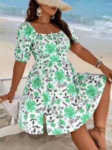 Breezaya Plus Size Floral Printed Square Neck Puff Sleeve Bubble Hem Dress