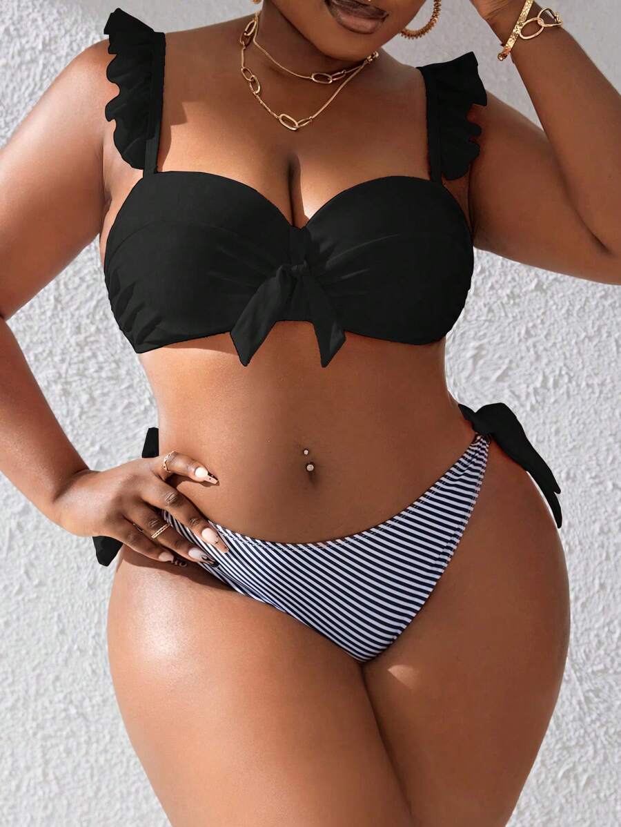SHEIN Swim Curve Summer Beach Plus Size Solid Color Bra & Striped Bikini Set Bottom Bikini Set - Black and White - View 1