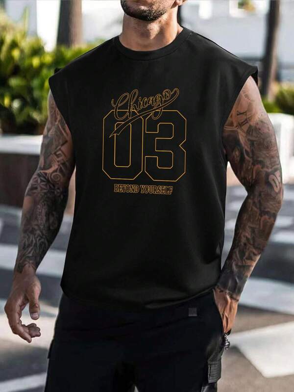 Manfinity Sporsity Tricou pentru bărbați, cu imprimeu cu litere și numere, cu gât rotund