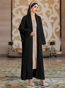 Al Najma Solid Loose Fit Front Open Long Flared Sleeve Modest Sleeve Arabian Abaya, Fashion Robe For Casual/Festival/Gathering/Travel - Black - View 6
