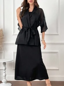 Modelyn Solid Color Casual Strapless Dress And Shawl Collar Coat - Black - View 1