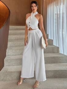 SHEIN Essnce 女士日常通勤單排扣交叉帶掛脖上衣褲兩件套 - 白色 - 查看 5