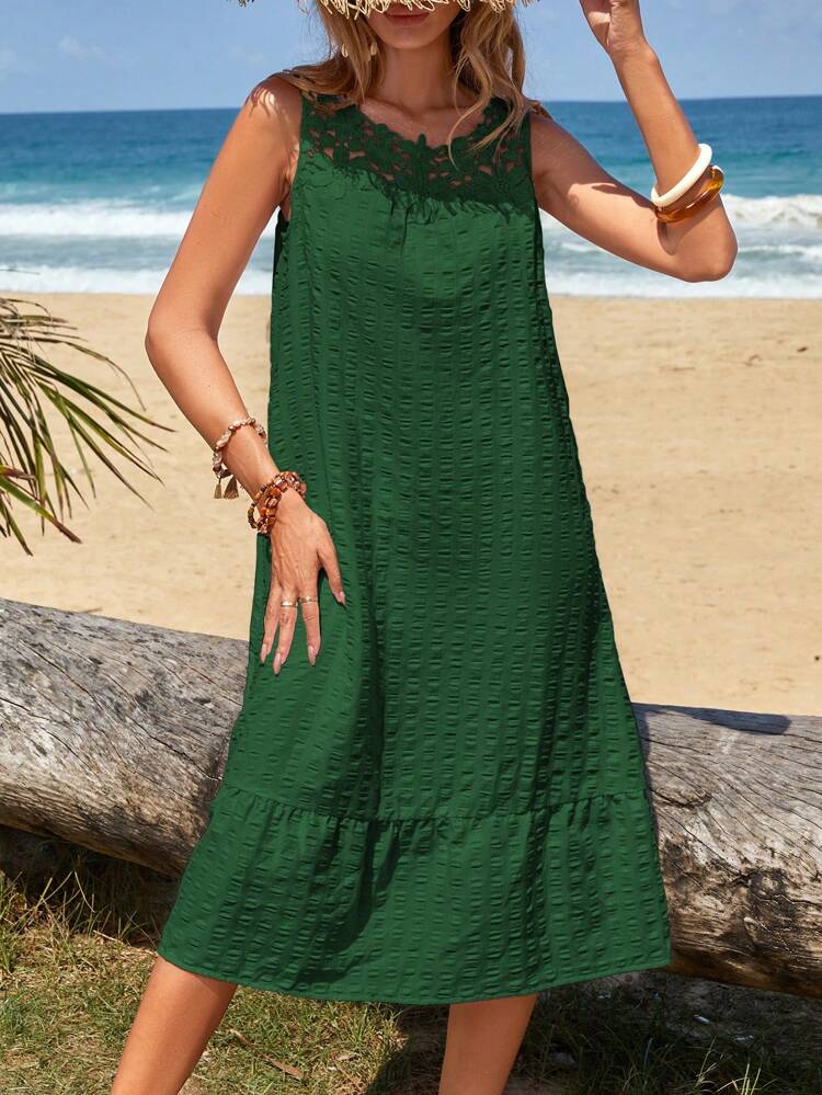 Solid Color Texture Contrast Water Soluble Lace Ruffle Hem Dress