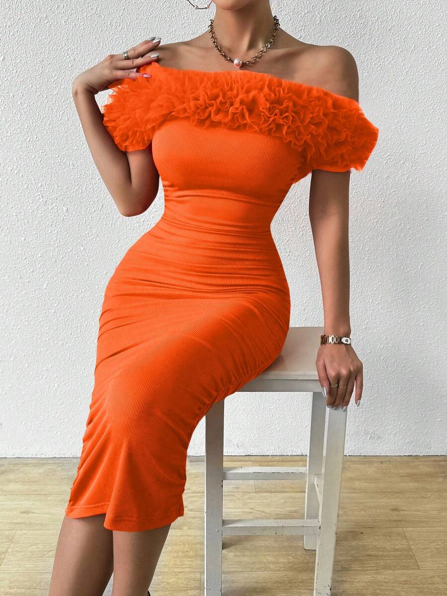 Chiquease 女士修身短袖露肩連衣裙,襯衫細節和對比色塊 - 橘色 - 查看 1