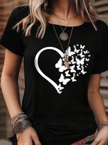 INAWLY Camiseta con estampado de corazón y mariposa para mujeres, camisetas gráficas para mujeres