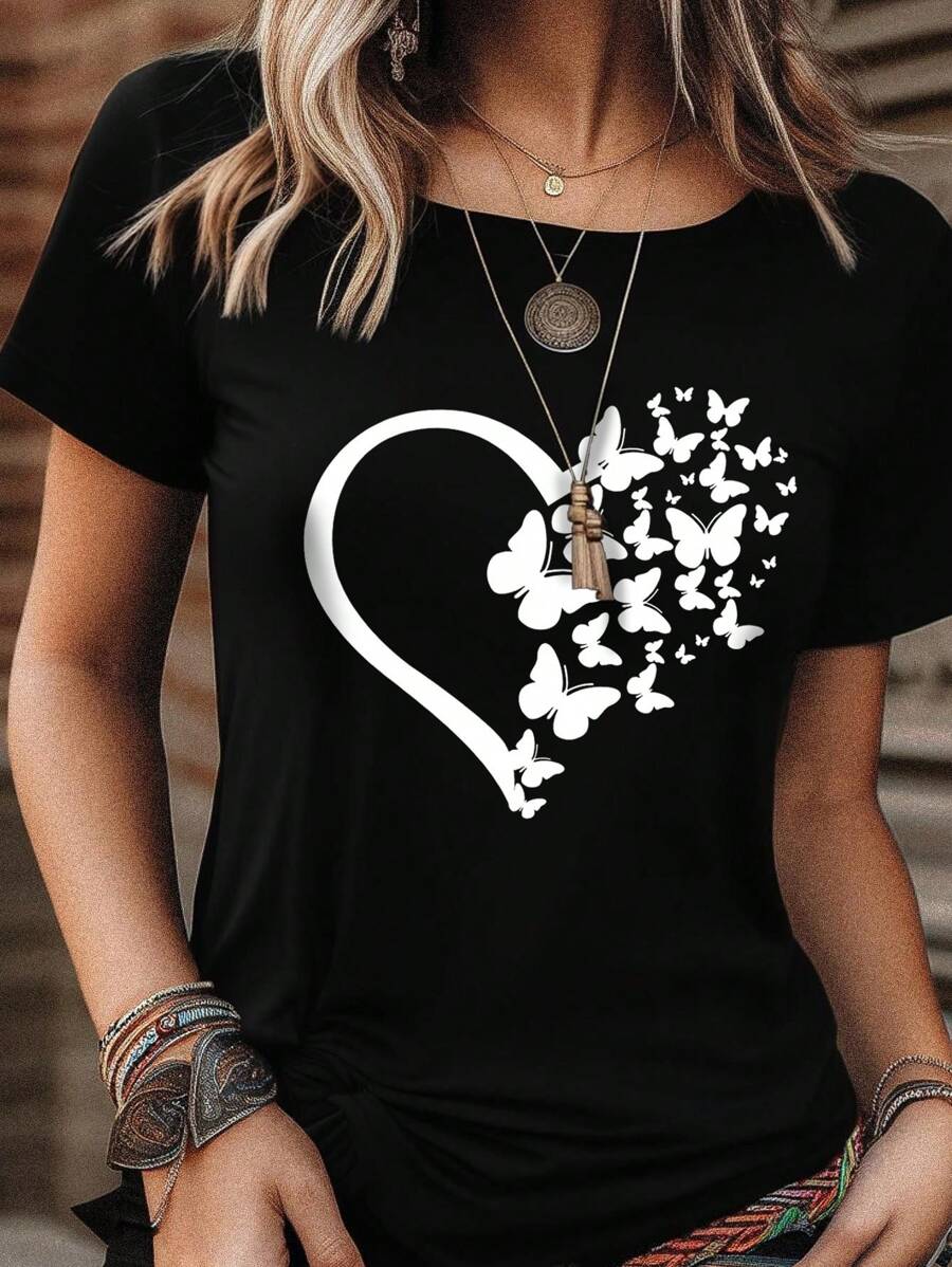 INAWLY Camiseta con estampado de corazón y mariposa para mujeres, camisetas gráficas para mujeres