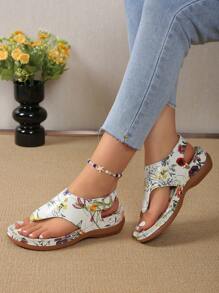 Bohemian Style Comfortable Slip-On Wedge Sandals With Toe-Loop, Colorful Stitching And Buckle Design For Women (Polyurethane Sole With Small Holes) - Random Color - White - View 4