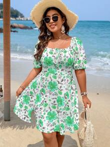 Breezaya Plus Size Floral Printed Square Neck Puff Sleeve Bubble Hem Dress