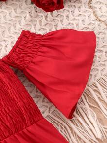 Vestido De Ombro Caído Com Babado De Cintura Elástica Para Adolescentes