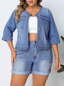 SHEIN Privé Kích thước lớn Của phụ nữ Vòng cổ Bảy Tay áo Áo khoác denim - Rửa nhẹ - Xem 1