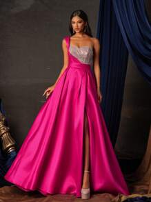 Women's Sequin Embellished One-Shoulder Sleeveless Floor-Length Elegant Formal Gown - Hot Pink - View 1