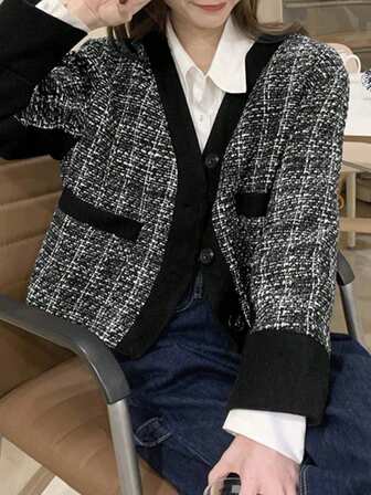 女式拼布长袖羊毛短外套，秋冬