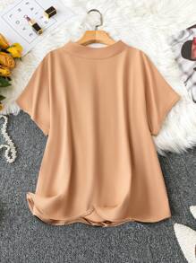 SHEIN LUNE 大尺碼女士純色百摺蝙蝠袖襯衫 - 卡其色 - 查看 2