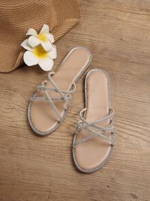 新款夏季平板玻璃钻石法式两用拖鞋，设计舒适时尚 - 杏色 - 查看 6