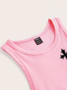 Slaydiva 粉色短款十字紋織花朵圓領女士背心，適用於夏季 - 粉色 - 查看 4