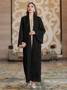 Al Najma Solid Loose Fit Front Open Long Flared Sleeve Modest Sleeve Arabian Abaya, Fashion Robe For Casual/Festival/Gathering/Travel - Black - View 3