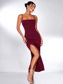 SHEIN BAE Dệt kim Màu thuần Trở lại Thánh giá Lace-up Khe Đầm - Màu Đỏ Sâu - Xem 5