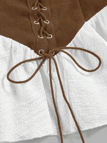 SHEIN MOD 女士拼色露肩交叉系带喇叭袖衬衫 - 棕色 - 查看 3