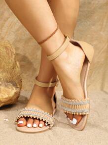 Giày bốt sandal thời trang đính đá Rhinestone mùa hè giản dị dành cho nữ, đa năng để mặc hàng ngày - Vàng - Xem 2