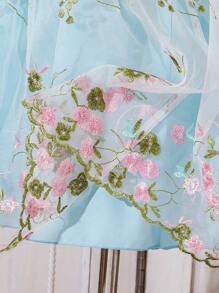 Teen Girl Floral Embroidery Pleated Dress For Summer - Baby Blue - View 5