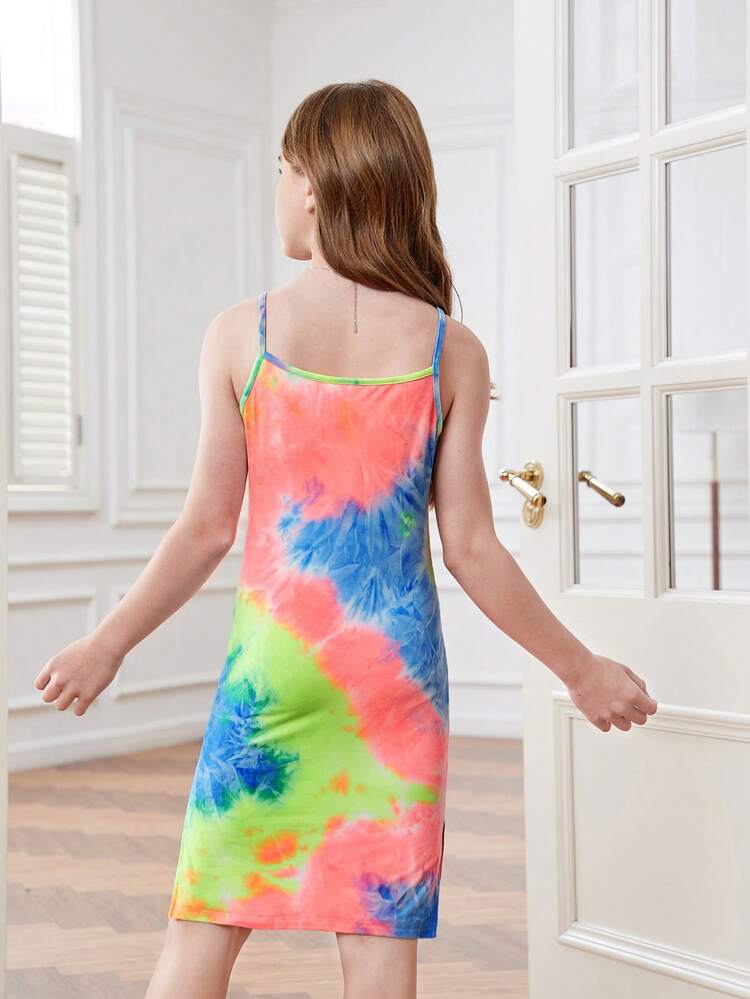 2pcs/Set Knitted Tie Dye Loose Fit Casual Vacation Tank Dress Outfit For Tween Girls