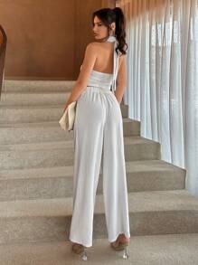 SHEIN Essnce 女士日常通勤單排扣交叉帶掛脖上衣褲兩件套 - 白色 - 查看 3