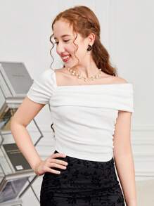 SHEIN Girlism 少女针织罗纹不对称领褶饰休闲 T 恤 - 白色 - 查看 7