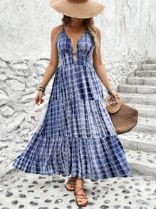 Breezaya Vestido de talla grande con espalda cruzada y cuello halter teñido con técnica tie-dye - Azul - Ver 3