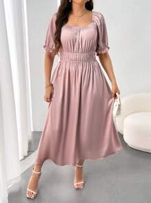 SHEIN Unity Plus Size Solid Color Square Neckline Short-Sleeve Waist Dress - Pink - View 1