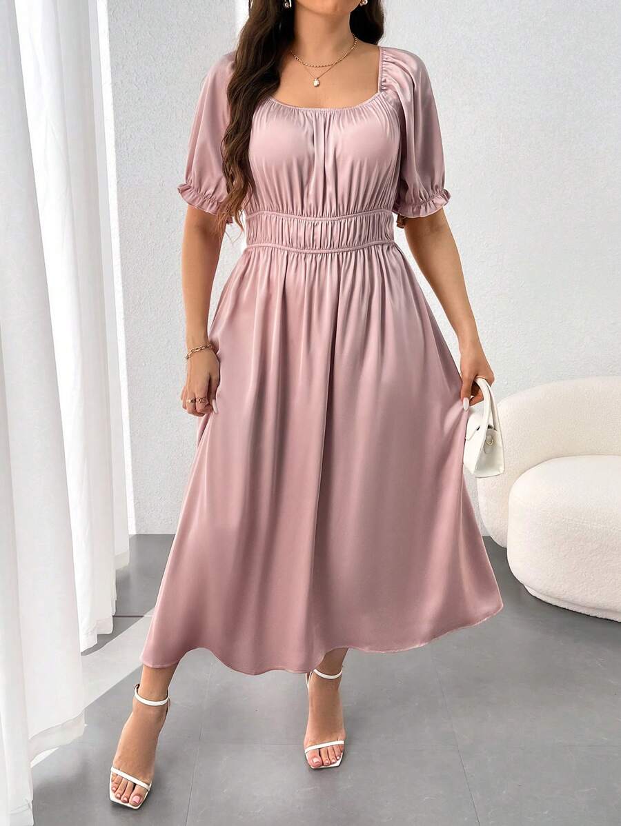 SHEIN Unity Plus Size Solid Color Square Neckline Short-Sleeve Waist Dress - Pink - View 1