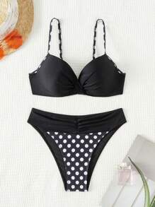 Swim Lushoire Set di due pezzi con stampa a pois, bikini twist, costume da bagno, outfit da spiaggia per vacanze estive