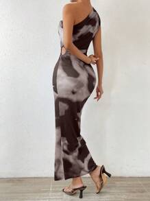 SHEIN Privé Vestido Semi-formal De Moda Para Mujeres Con Corte Aleatorio Y Estampado De Tinta - Gris - Ver 2