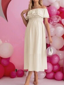SHEIN Solid Color Maternity Off-Shoulder Ruffled Edge High Waist Dress - Apricot - View 7