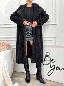 SHEIN Cottnline Women's Mid-length Plush Jacket - Black - View 6