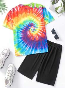 Teen Girl Cool Tie Dye Face Print Short Sleeve Top And Shorts Set - Multicolor - View 4