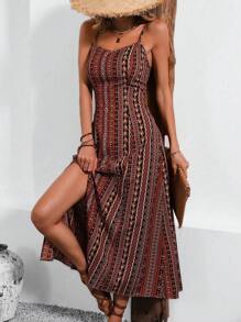 Breezaya Vintage Style Women's Printed Spaghetti Strap Dress With High Side Slit Maxi Vacation Beach Outfit - Orange - View 3