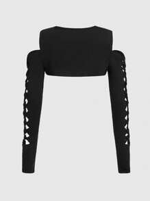 ROMWE Grunge Punk Solid Cut Out Super Crop Top Without Bra - Black - View 2