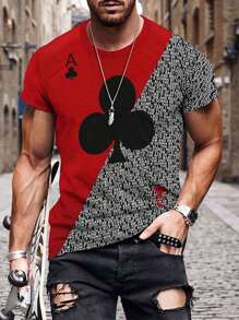 Manfinity LEGND Men Casual Letter & Playing Card Graphic Print Colorblock Short Sleeve Tee, For Going Out