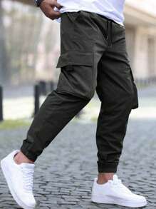 Manfinity Homme Men Flap Pocket Drawstring Waist Cargo Trousers - Black - View 3